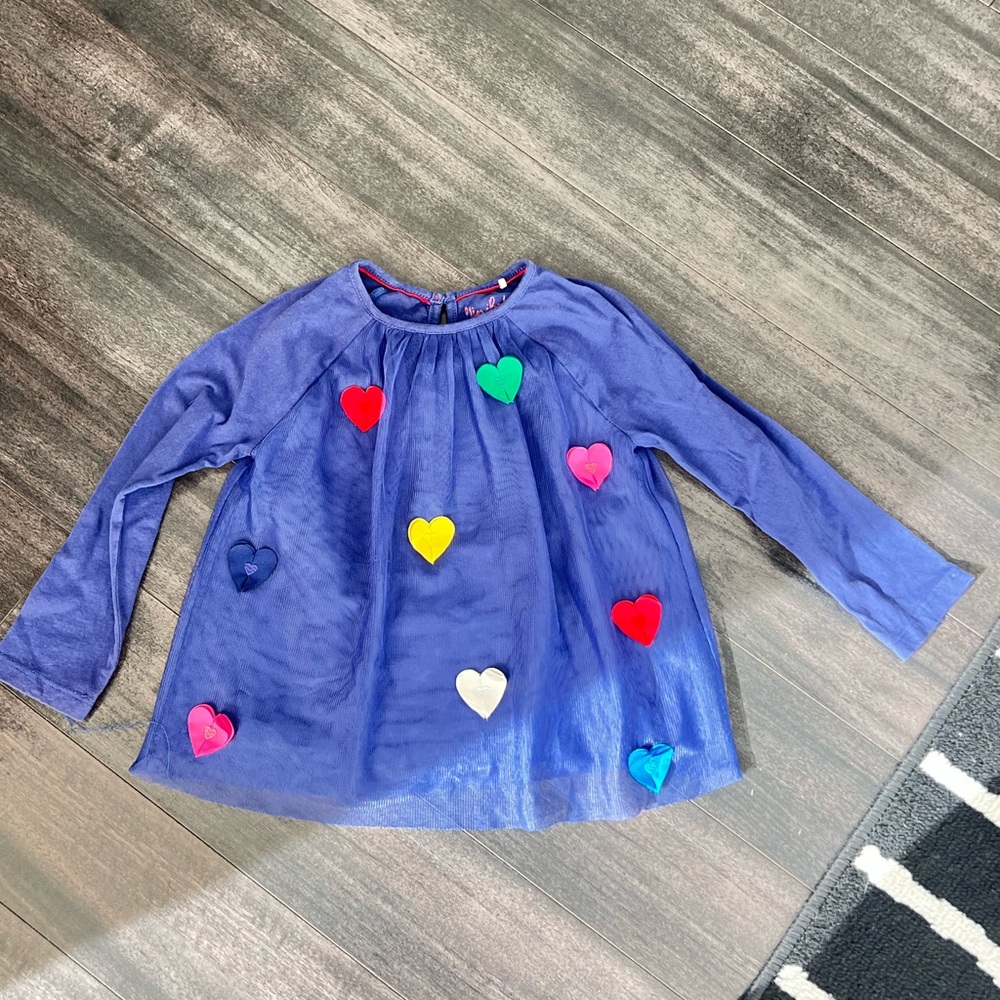 Mini Boden Blue Long Sleeve Top with Colorful Hearts